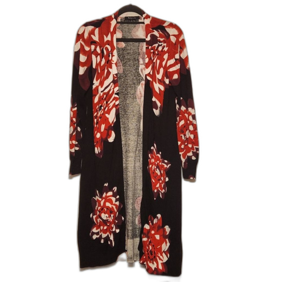 Relativity Red & Black Floral Long Sleeve Open Duster Cardigan Side Slits Small - Picture 2 of 7